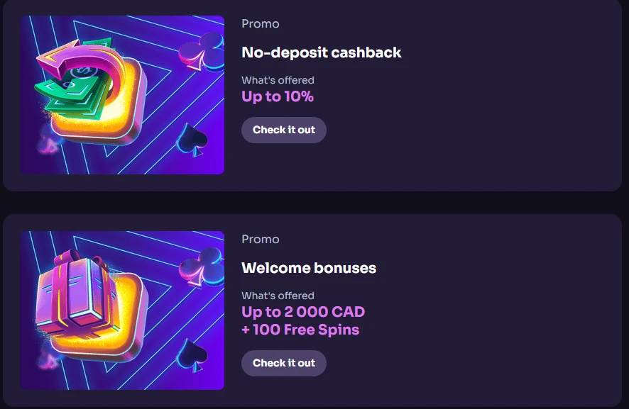 No-deposit cashback and welcome bonus cards up to 2 000 CAD on the promotions page