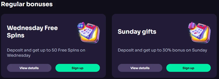 Wednesday Free Spins and Sunday gifts cards on the regular bonuses page