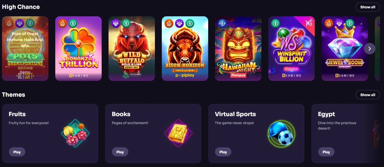 Slot lobby of WinSpirit Casino with new releases and badge filters