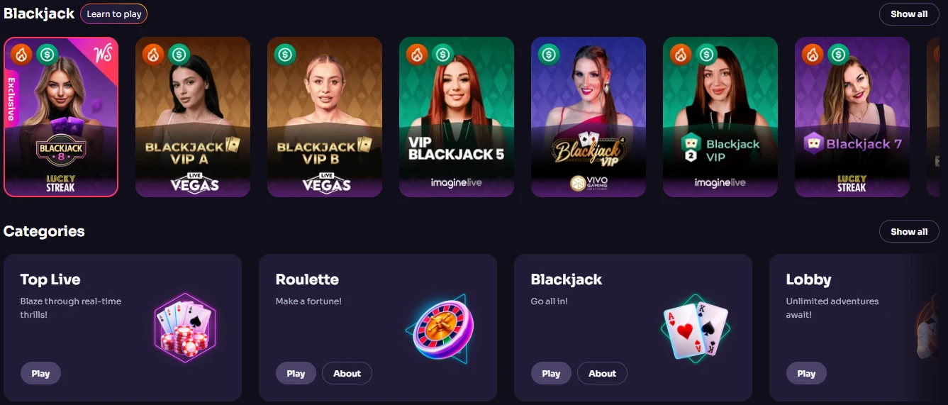 Live blackjack tables in the WinSpirit Casino Canada lobby with the exclusive Lucky Streak table
